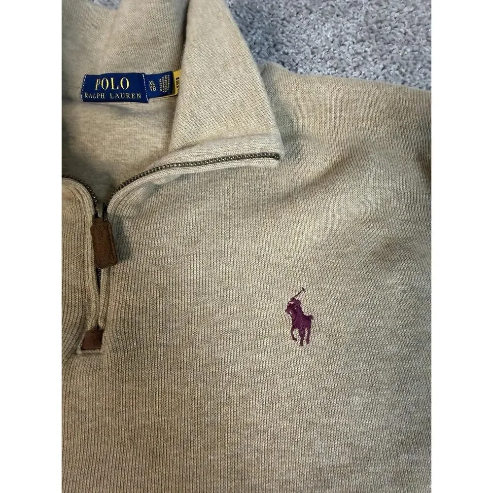 Polo Ralph Lauren Sweater Mens XL Beige Mock Neck 1/4 Zip Cotton Pullover